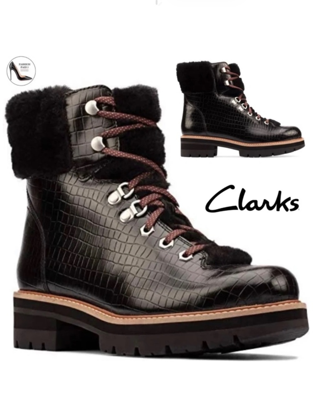 Clarks ORIANNA HIKER Black Leather Lace Up Hiking Winter Boots Ankle Booties 6.5